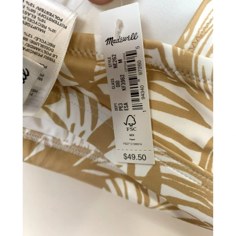 NEW Madewell Balconette Swim Bikini Top Size M‎ Tan White Tropical Print w/Pads